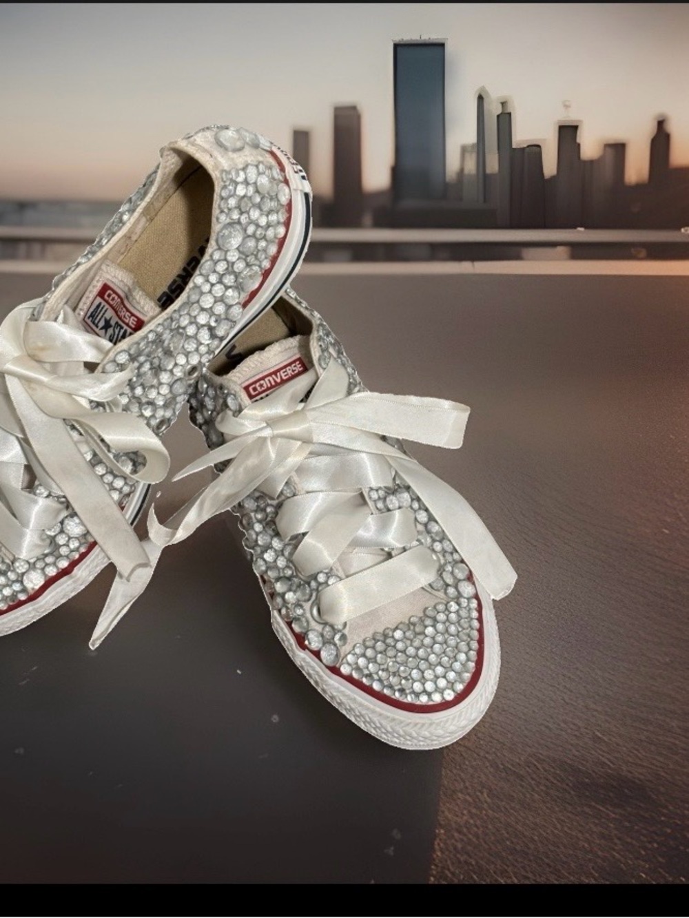 Converse Women's White Satin Crystal Low Top Sneakers